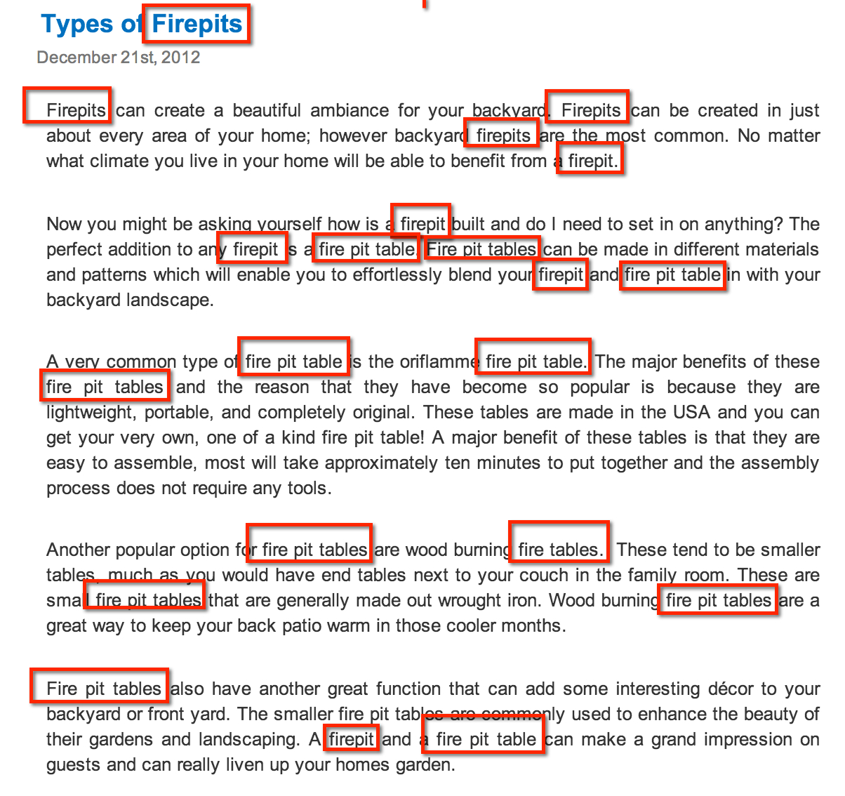 Keywordstuffing in einem englischen Beitrag zum Thema Feuerplätze. Der Begriff „firepits“ taucht insgesamt 21 Mal auf.